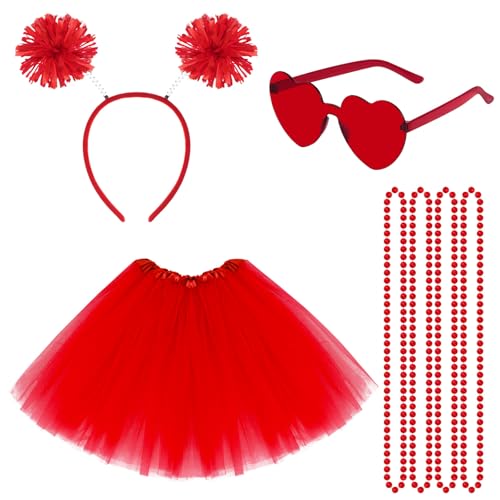 80er Jahre Tutu Kostüm Zubehör für Frauen Tutu Rock Herz Sonnenbrille Pom Pom Stirnband Halskette für Halloween Karneval Party, Rot/Ausflug, einfarbig (Getaway Solids), Einheitsgröße von Haakong