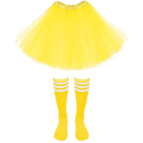 Haakong 2-teiliges 80er-Jahre-Kostüm-Set, gelbes Tutu für Damen, mit Schlauchsocken, mehrlagiger Tüll-Tutu-Rock für Damen, Halloween, Cosplay, Verkleiden (gelb) von Haakong