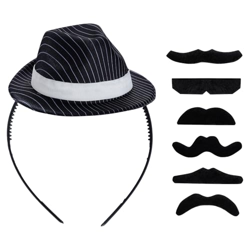 Haakong 20er Jahre Mini Fedora Hut Stirnband mit gefälschten Schnurrbärten für Damen Herren Kostüm Zubehör für Halloween Geburtstagsfeier (Retro, Einheitsgröße) von Haakong