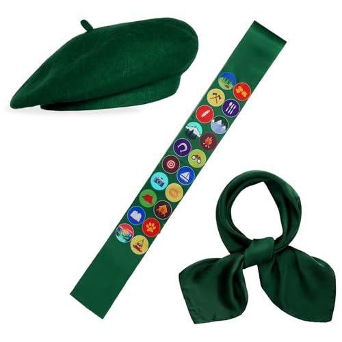 Haakong 3-teiliges Halloween-Cosplay-Kostüm-Set für Damen, enthält grüne französische Baskenmütze, Satin-Schärpe, Halstuch für Kostümpartys von Haakong