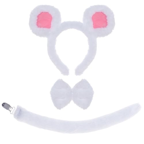 Haakong 3-teiliges Maus-Kostüm-Set mit Maus-Ohren, Stirnband und Schwanz, Fliege, Tier-Kostüm-Zubehör für Halloween, Cosplay, Mottoparty, Verkleiden (weiß) von Haakong
