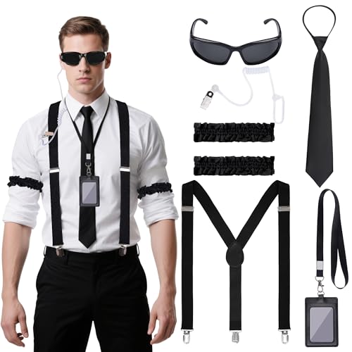 Haakong 6-teiliges Agenten-Kostüm-Set, Geheimsicherheitskostüm, Zubehör für Herren, Jungen, Halloween, Cosplay, Party von Haakong