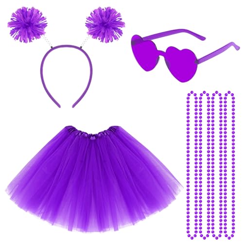 Haakong 80er Jahre Tutu Kostüm Zubehör Lila Tutu Frauen Herz Sonnenbrille Pom Pom Stirnband Halskette Halloween Karneval (lila) von Haakong