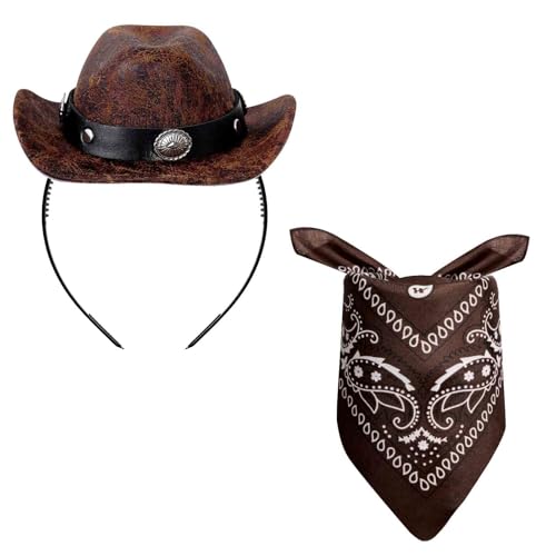 Haakong Cowboyhut, Stirnband, Cowgirl-Mini-Hut, Stirnbänder mit Bandana für Damen, Halloween, Geburtstag, Party, Gastgeschenk (Retro, Braun) von Haakong