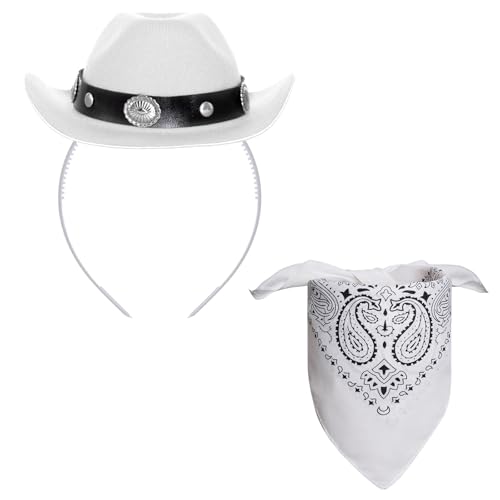 Haakong Cowboyhut, Stirnband, Cowgirl-Mini-Hut, Stirnbänder mit Bandana für Damen, Halloween, Geburtstag, Party, Gastgeschenk (klassisch, weiß) von Haakong