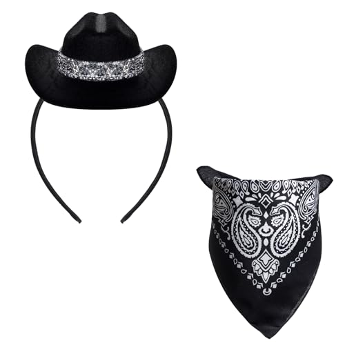 Haakong Cowboyhut, Stirnband, Cowgirl-Mini-Hut, Stirnbänder mit Bandana für Damen, Halloween, Geburtstag, Party, Gastgeschenk (lässig, schwarz) von Haakong