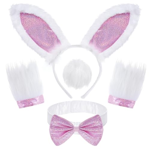 Haakong Hasenkostüm-Set für Damen und Mädchen, Hasenohren, Stirnband, Kragen, Fliege, Manschetten und Schwanz, Osterparty, Kostümzubehör von Haakong