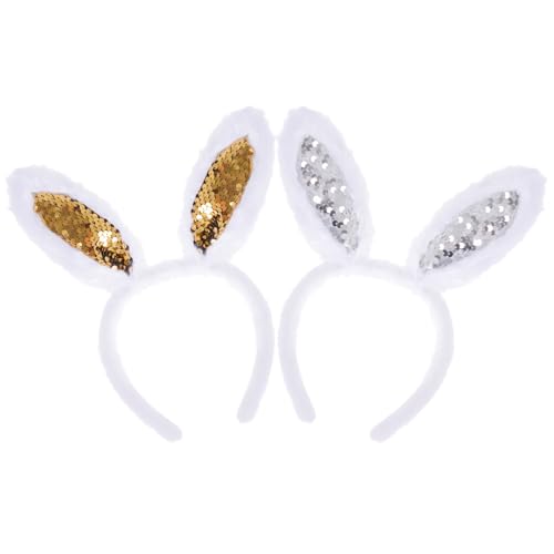 Haakong Hasenohren-Haarbänder mit Pailletten, Hasenohren, Stirnband für Damen und Mädchen, Hasenkostüm-Zubehör, Halloween, Party, Cosplay, Kostümzubehör (Gold und Silber, Größe M) von Haakong