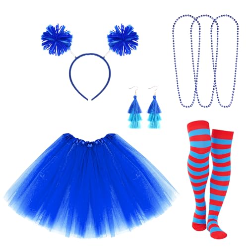 Haakong Kostümzubehör-Set für Damen, blau, mehrlagig, Tutu, Halskette, Quaste, Ohrringe mit Pompon, für Halloween-Party-Zubehör (blau) von Haakong