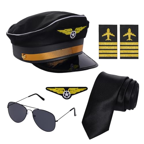 Haakong Pilotenkapitän Kostüm für Herren, Flugzeughut, Kapitän, Schulterklappen, Sonnenbrille und Abzeichen, Halloween-Party, Cosplay-Zubehör (Classic 3) von Haakong