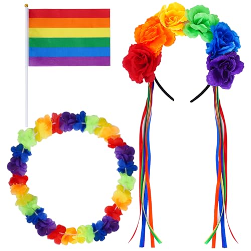 Hakong Pride Stuff Regenbogen LGBT Flagge Regenbogen Blume Lei Pride Stirnband Zubehör für Pride Month Paraden Party Outfit (Modernes Pride Zubehör) von Haakong