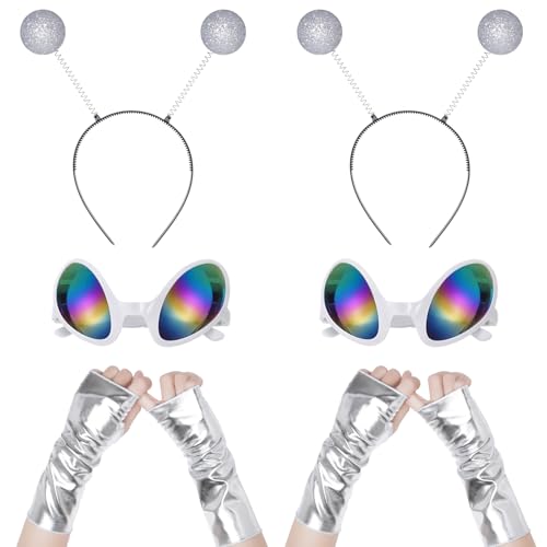 Halloween Alien Antenne Stirnband Brille Metallic Fingerlose Handschuhe Alien Sonnenbrille Kostüm Party Zubehör Weltraum Kostüm Zubehör (Neuheit Silber Alien Set) von Haakong