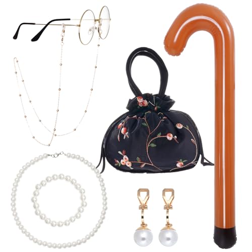 Kostüm für alte Dame, Brillen, Kette, Halskette, Armband, Ohrring und Handtasche für Halloween, Cosplay, Party, Schwarz, Medium Kostüm für alte Dame, Brillen, Kette, Halskette, Armband, Ohrring und Handtasche für Halloween, Cosplay, Party, Schwarz, Medium von Haakong