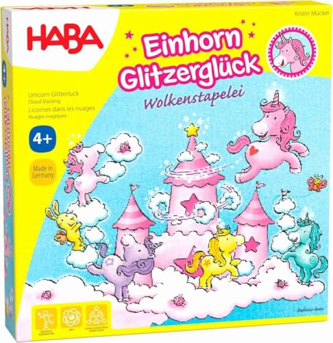 HABA 304539 - Einhorn Glitzerglück - Wolkenstapelei, kooperatives Stapelspiel mit Einhörnern und Wolken aus Holz, Spiel ab 4 Jahren von HABA