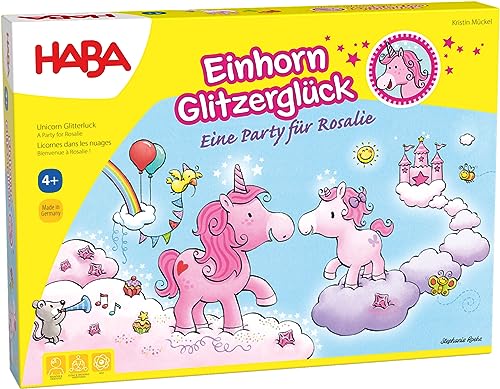 HABA Einhorn Glitzerglück – Kooperatives Lauf- und Sammelspiel für 2-4 Spieler ab 4 Jahren – Party im Wolkenland – Brettspiel, Kinderspielzeug - 1302767001 von HABA