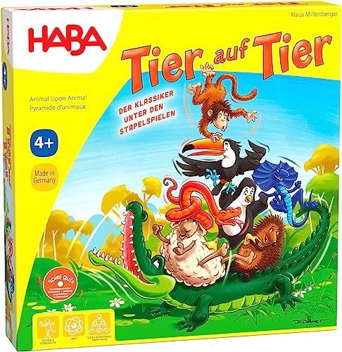 Haba 4478 - Tier auf Tier, Stapelspiel für 2-4 Spieler ab 4 Jahren, mit Tierfiguren aus Holz, auch spielbar als Solospiel von HABA