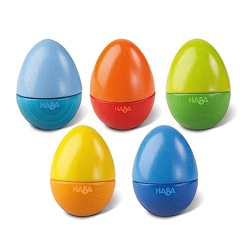 HABA 7733 - Musikeier, 5 farbenfrohe Rasseleier, aus Holz, zur Förderung der musikalischen Entwicklung von Babys und Kleinkindern ab 2 Jahren, Mehrfarbig von HABA
