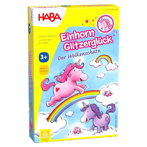 HABA Einhorn Glitzerglück: Der Wolkenschatz – Würfel- & Sammelspiel mit 60 Glitzerkristallen für 2-4 Spieler ab 3 Jahren, Geschenk für Einhorn-Fans – 2011190001 von HABA