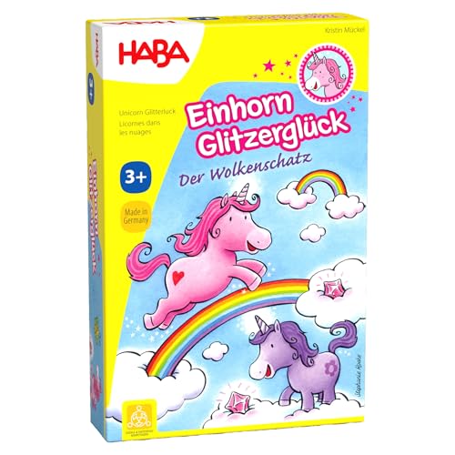 Haba 300123 - Einhorn Glitzerglück Der Wolkenschatz, zauberhaftes Würfelspiel mit 60 Glitzerkristallen für 2-4 Spieler ab 3 Jahren, schönes Geburtstagsgeschenk für alle kleinen Einhorn-Fans von HABA