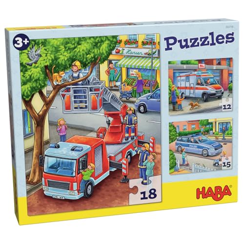 HABA Feuerwehr-Puzzle – 3-teiliges Set für Kinder ab 3 Jahren, Papp-Puzzle mit Polizei- und Rettungswagen-Motiven – Fördert Feinmotorik und Konzentration – 1302759001 von HABA