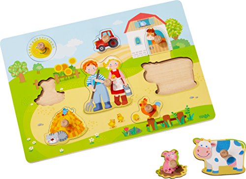 HABA 303769 - Greifpuzzle Auf dem Bauernhof , Holzspielzeug ab 12 Monaten , 8-teiliges Puzzle aus Holz mit buntem Bauernhofmotiv , Puzzleteile mit großen Knöpfen zum Greifen von HABA