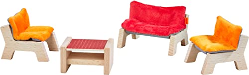 HABA 303840 - Little Friends – Puppenhaus-Möbel Wohnzimmer , Mit Sofa, Tischchen und 2 Sesseln , Passend für alle Little Friends-Puppenhäuser, 30.5 x 17 x 7 cm von HABA