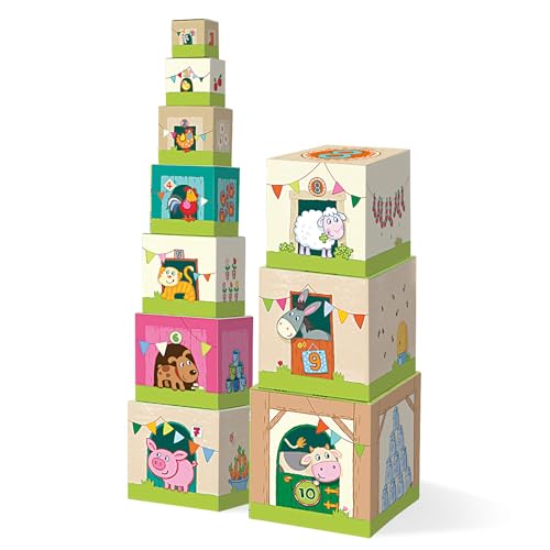 Haba 5879 - Stapelwürfel Auf dem Land, lustiges Stapelspiel für Babys ab 1 Jahr, Stapelwürfel aus stabilem Karton, BPA-frei, Turm mit niedlichen Bauernhofmotiven von HABA