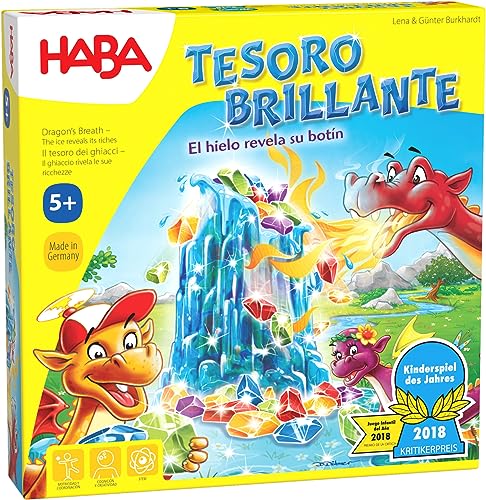 HABA drachen 304086 Schatz-Lustiges Schatzbrettspiel, unterhaltsames Gedächtnisspiel für 2-4 Spieler ab 5 Jahren, mit 90 funkelnden Steinen und 9 Ringen im Eisdesign, schönes Geburtstagsgeschenk, bunt von HABA