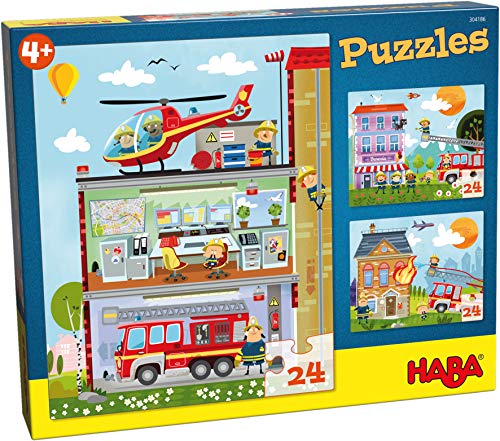 HABA 304186 - Puzzles Kleine Feuerwehr, 3 Puzzles mit je 24 Teilen, 3 unterschiedliche Feuerwehr-Motive, Puzzlespaß ab 4 Jahren von HABA