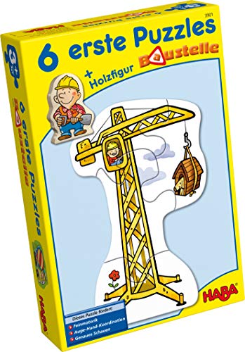 Haba 3901 - 6 erste Puzzles Baustelle, Puzzle mit 6 lustigen Baustellenmotiven für Kinder ab 2 Jahren, mit Bauarbeiterholzfigur zum freien Spielen von HABA