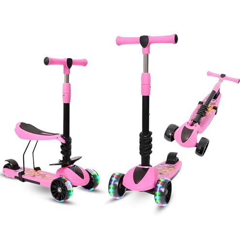 Habib Gruppe 3-in-1 Kinderroller mit Sitz - Dreirad Tretroller, Faltbar, Höhenverstellbar, LED Räder, Kinderroller ab 3 Jahren (Bis 50kg) - Pink von Habib Gruppe