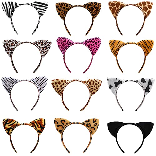 Haconba 12 Stück Tierohr-Stirnbänder Katzenohren Stirnbänder Tiger Leopard Gepard Giraffe Zebra Ohr Haar Hoop Zubehör für Halloween Cosplay Wald Dschungel Tier Thema Party Favor, Braun von Haconba