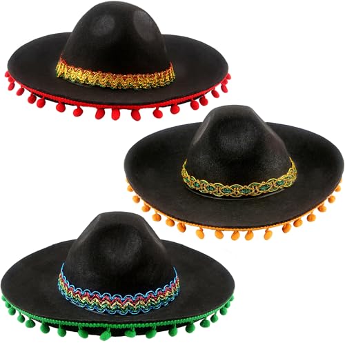 Haconba Mexikanischer Sombrero-Hut aus schwarzem Filz, mit Ballfransen, für Cinco de Mayo Fiesta, mexikanisches Motto-Party-Outfit, Zubehör, 3 Stück von Haconba