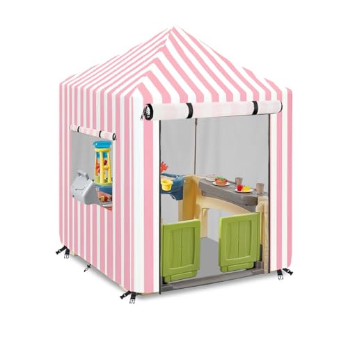 Outdoor-Spielhaus-Abdeckung, wasserdichte Abdeckung, geeignet für Step2-Spielhäuser. Rosa und Weiß gestreift, vollständige Abdeckung (142,2 cm B x 142,2 cm T x 152,9 cm H) von Hadisi