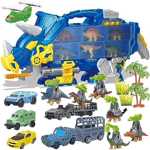 Hadooqn Dinosaurier-LKW-Spielzeug für Kinder, Triceratops Transport Auto Spielzeug für Kinder 3 4 5,Dinosaurier Figuren Spielzeugautos,Geschenke für Jungen Mädchen von Hadooqn