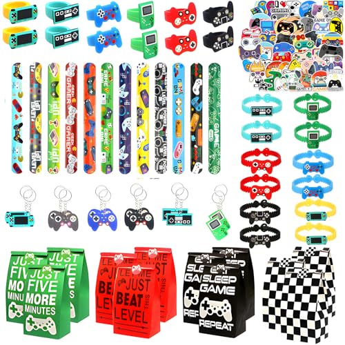 HahaGo 110 Stück Videospiel Party Mitgebsel, Videospiel Spiel Party Mitgebsel, Gamer Theme Party Zubehör, Kindergeburtstag Gastgeschenke mit Spiel Armbänder Schlüsselanhänger Geschenktüten Aufkleber von HahaGo