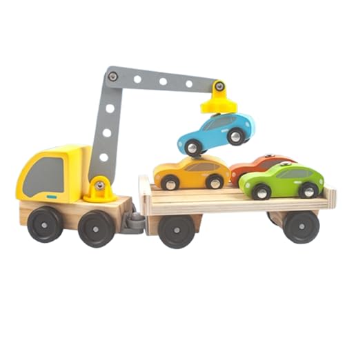 HahaGo Autotransporter aus Holz mit Kran 4 Magnet-Autos Spielzeug Montessori Holzspielzeug Lernspiel mit Fahrzeugen für Kinder Spielzeug ab 3 Jahre Geschenk Jungen Mädchen von HahaGo