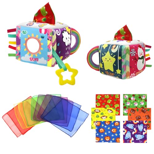 Tissue Box Montessori Motorikspielzeug, Baby Spielzeug 6 Monate, Montessori Toy Sensorik Motorik Spielzeug, Tücherbox Baby mit Knistertuch, Spiegel, Frühes Lernspielzeug für Jungen Mädchen Geschenke von HahaGo