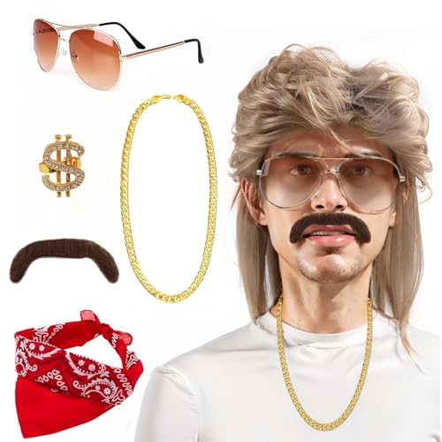 Vokuhila Perücke Herren, 80er 90er Jahre Outfit Accessoires Herren, Blond Perücken Wig Sonnenbrille Halskette Kopftuch, Herren Perücken 6er Set für Fasching Cosplay Halloween Kostümfeste Vokuhila Perücke Herren, 80er 90er Jahre Outfit Accessoires Herren, Blond Perücken Wig Sonnenbrille Halskette Kopftuch, Herren Perücken 6er Set für Fasching Cosplay Halloween Kostümfeste von HahaGo