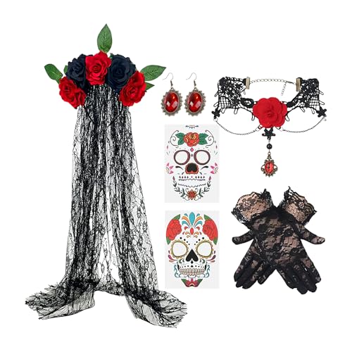 Day Of The Dead Kostüm,Día de Muertos Halskette Ohrringe Set | Spitzenhandschuhe Schleier Ohrringe Halskette für Maskerade Cosplay Frauen Halloween Party Erwachsene Festlich Day Of The Dead Kostüm,Día de Muertos Halskette Ohrringe Set | Spitzenhandschuhe Schleier Ohrringe Halskette für Maskerade Cosplay Frauen Halloween Party Erwachsene Festlich von Hailerio