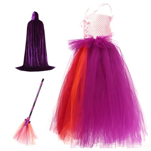Kinder Hexenkostüm - Halloween Hexenkostüm Set,Mädchen Prinzessinnen Outfit Mit Besen Umhang Für Festumzug Karneval Theateraufführung Familienfeier Kostümparty von Hailerio