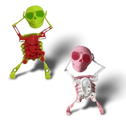 2 Stück Tanzende Totenkopf Spielzeug, Dancing Skeleton Toy, 3D-Gedrucktes Tanzendes Skelett-Spielzeug, Stressabbau-Spielzeug, Halloween Party Dekorationen (Grün+Rosa) von Hailmkont