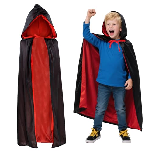 Halloween Vampir Umhang, Kapuzenumhang in Schwarz Rot Cape, Kostüm Vampir mit Kapuze für Junge Mädchen Kinder Karneval Cosplay Kostüm(90cm) von Hainue