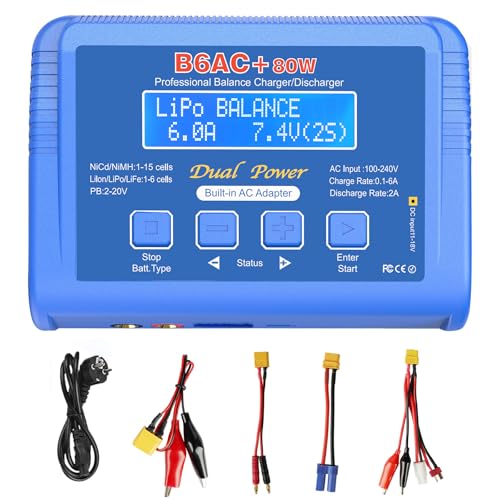 Haisito Lipo Ladegerät 80W 6A - Balance Ladegerät für LiPo, Li-Ion, LiFe, NiMH, NiCd, LiHV, Pb | RC Akku Ladegerät mit integriertem Adapter | Lipo Balance Charger für Airsoft, RC Autos, Boote, Drohnen von Haisito