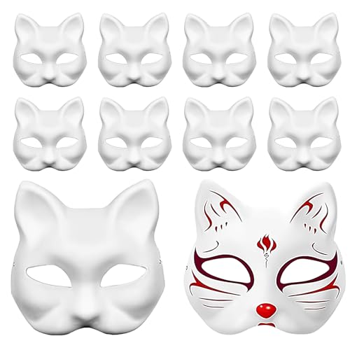 Haizibo 10 Stück DIY Katzenmaske, Therian Mask, Katzen Masken zum Bemalen, Karneval Maske, Masken zum Basteln, Leere Maske mit Elastischer Kordel, Cosplay Masken, Lustige Tiermasken(Weiße) von Haizibo
