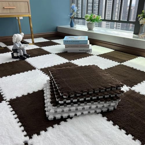 Haklein Plüsch-Schaumstoff-Bodenmatte, 30 x 30 x 1 cm, Spielmatten, Puzzle-Teppich, Schaumstoff-Bodenfliesen, rutschfest, weich, ineinandergreifend, Teppich, Raumdekoration, 10 Stück, Braun und Weiß von Haklein