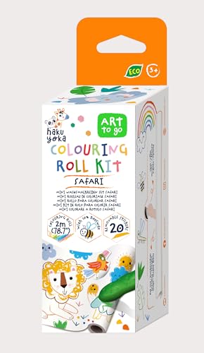 Haku Yoka 6303119 Wachsmal-Set, Mini-Malrolle Safari, Papierrolle mit Ausmalmotiven und 4 bunten Wachsmalkreiden inkl. 20 Stickern, für Kinder ab 3 Jahren von Haku Yoka