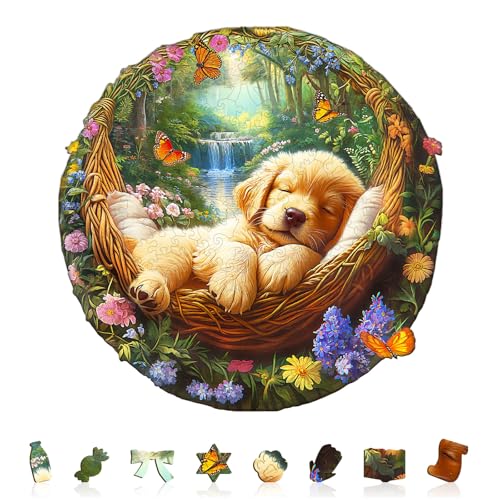 Holzpuzzle Erwachsene Schlafende Welpen - 200 Teile Rundpuzzle Geschenkbox, Wanddekoration (Erwachsene/Kinder) von Hakumata