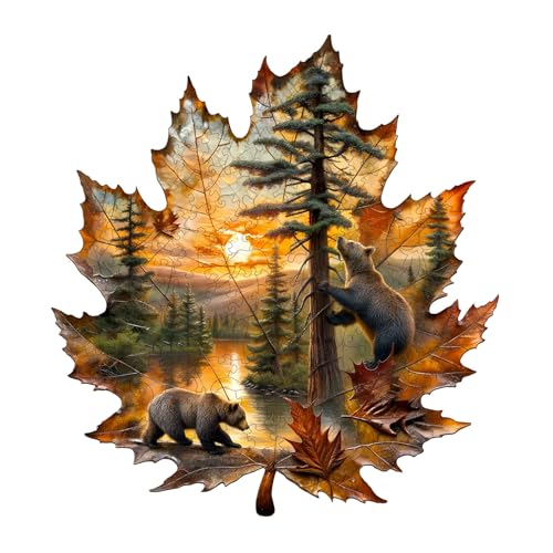 Holzpuzzle Erwachsene und Kinder, Brown Bear Autumn Unregelmäßig Einzigartige Puzzle, Holz Puzzle Erwachsene Mit Geschenkbox Aus Holz (L-220 Stück) von Hakumata