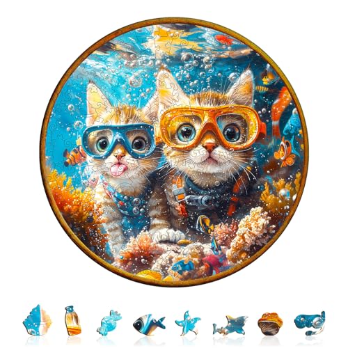 Holzpuzzle Erwachsene und Kinder, Diving Cats Kreisförmige Einzigartige Puzzle, Holz Puzzle Erwachsene Mit Geschenkbox Aus Holz (L-280 Stück) von Hakumata